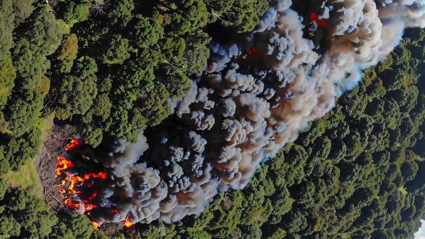 A dramatic 4K aerial view capturing a massive fire consuming parts of the Amazon rainforest.