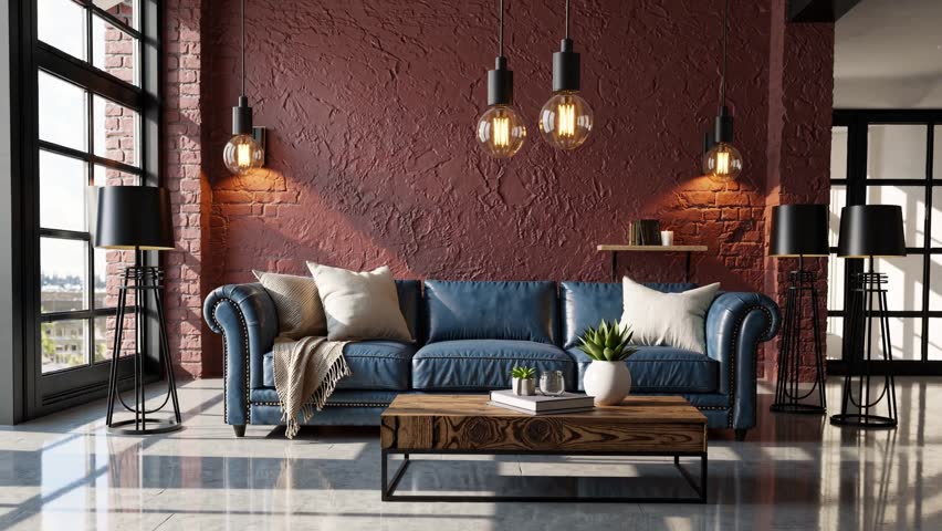 3D animation rendering of a modern loft apartment living room, featuring an industrial yet cozy aesthetic. 