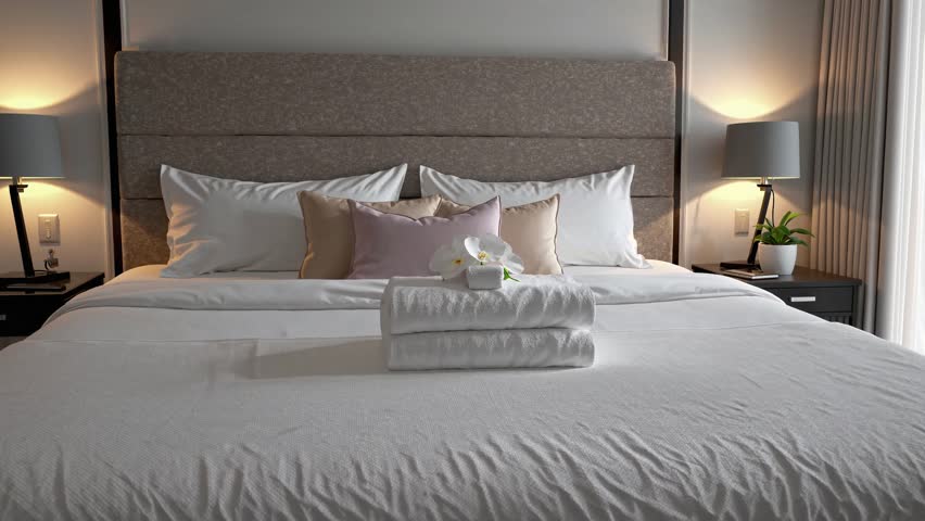 3D rendering of a luxurious hotel room featuring neatly folded clean white towels placed on the center of a plush, neatly made bed.
