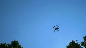 Slow motion drone with 4 propellers  flying on a clear blue sky high in the air filming and turning to take photos - Powered by Shutterstock - Get 15% off with code: PIKWIZARD15