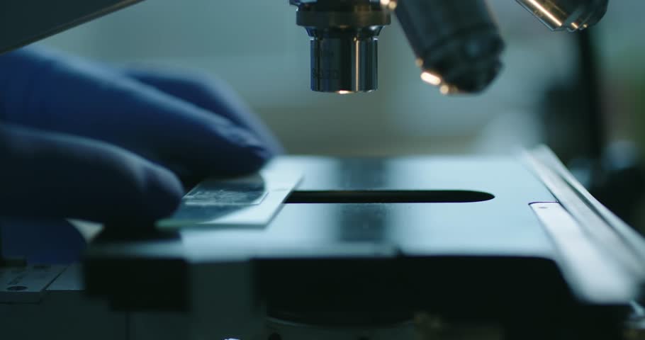 Detailed closeup view of researcher meticulously examining various samples through a microscope lens