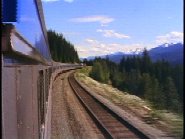 The Canadian train, POV from train, forward, pine trees