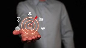 Businessman shows fire target icon. Finding or analyzing business goals achievement, strategy, action plan, purposefulness, planning development leadership and customer target group concept in 4K. - Powered by Shutterstock - Get 15% off with code: PIKWIZARD15