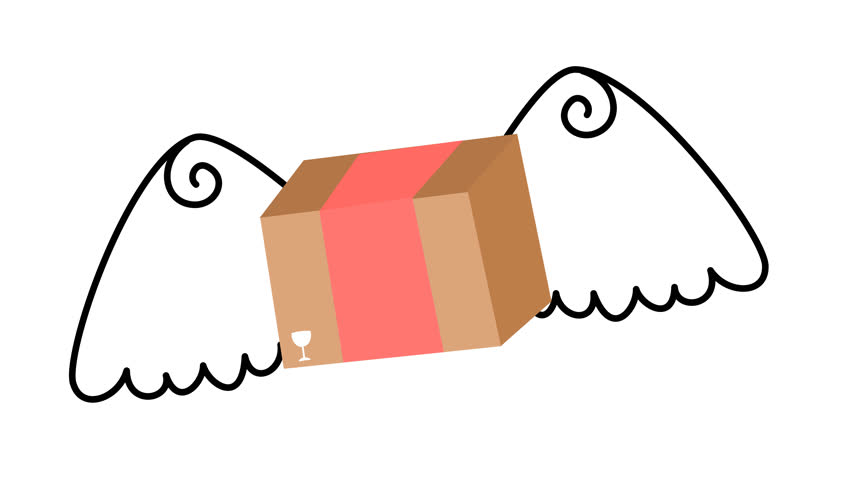 A whimsical illustration of a cardboard box with a pair of cartoon wings. Fast and safe shipping animation symbol. Alpha channel. Seamless looping.