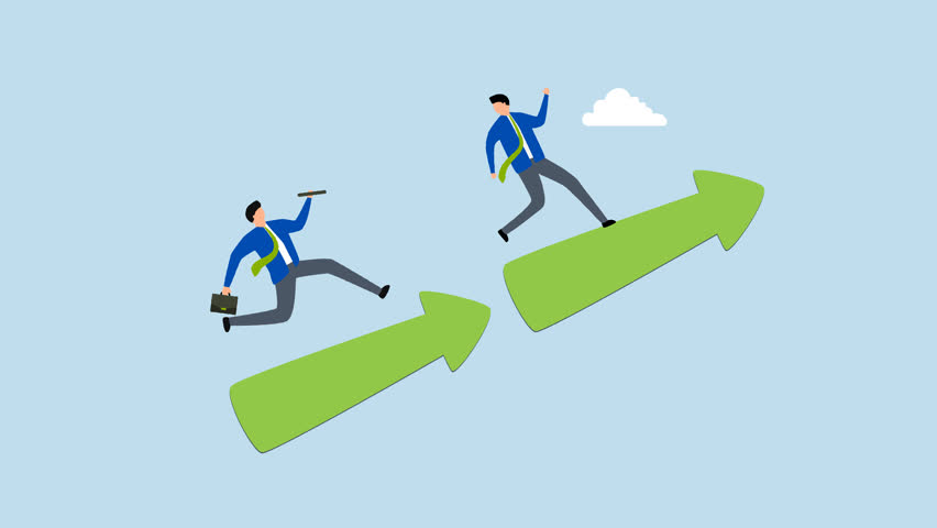 teamwork for business success, 4k animation of reliable entrepreneur hands off baton to colleague on ascending arrow. 