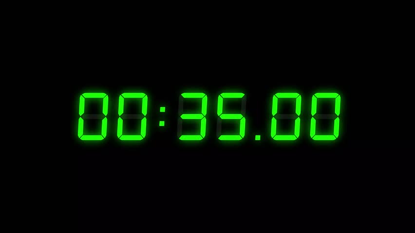 6-digits 35 seconds digital clock countdown timer. Green digits on black colour bg. Retro digital alarm clock, count-down concept