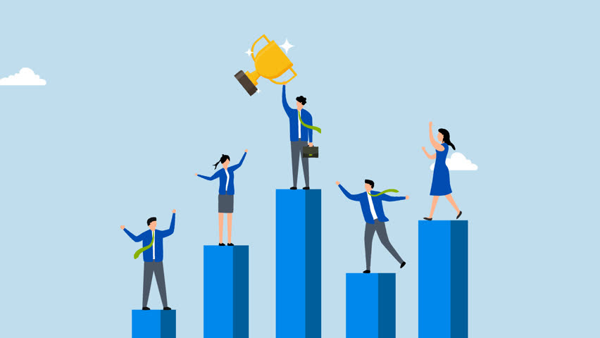 Business competition, 4k animation of Professionals vie on performance chart with single victor. 