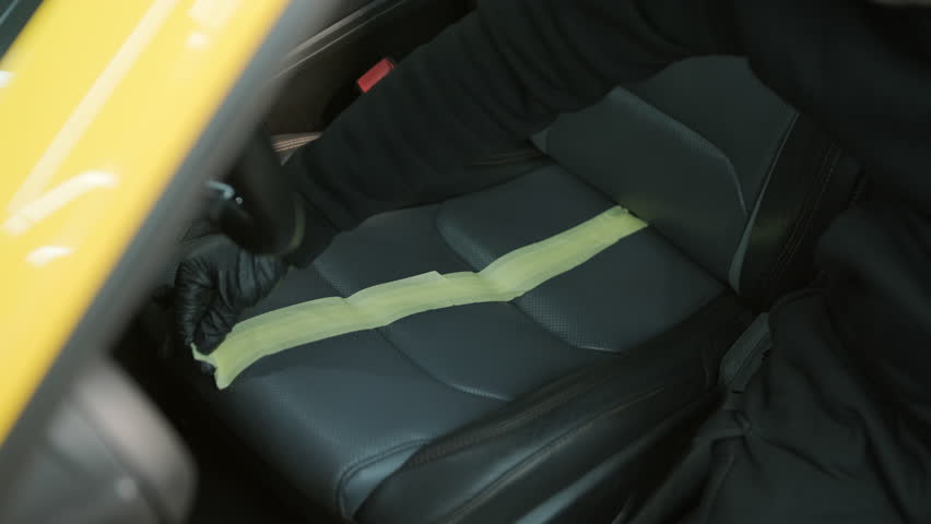 Specialist removing tape from a leather car seat to demonstrate cleaned and uncleaned areas