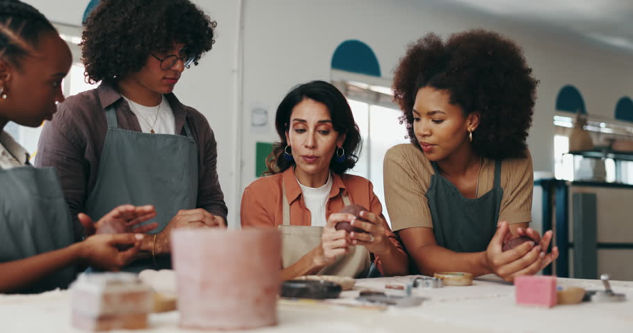 Pottery, learning and art teacher with people in workshop for skills with clay, ceramic and sculpture class. Creative, studio and woman with group to practice hobby, craft and pattern to mold object