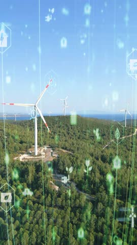 Alternative Energy. Wind farm. Aerial view of horizontal-axis wind turbines generating electricity Wind energy. Clean renewable energy technologies. Wind power plants. Animated visualization concept.