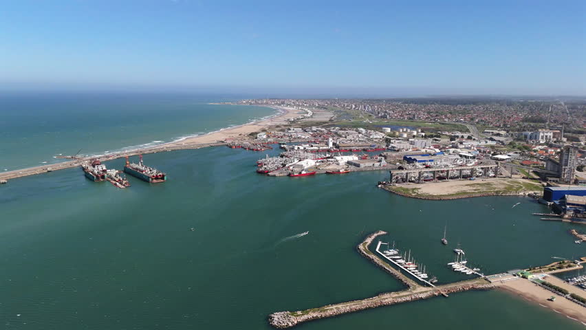 Aerial view of export and import vessels in port of Mar del Plata. Economy. Argentina.