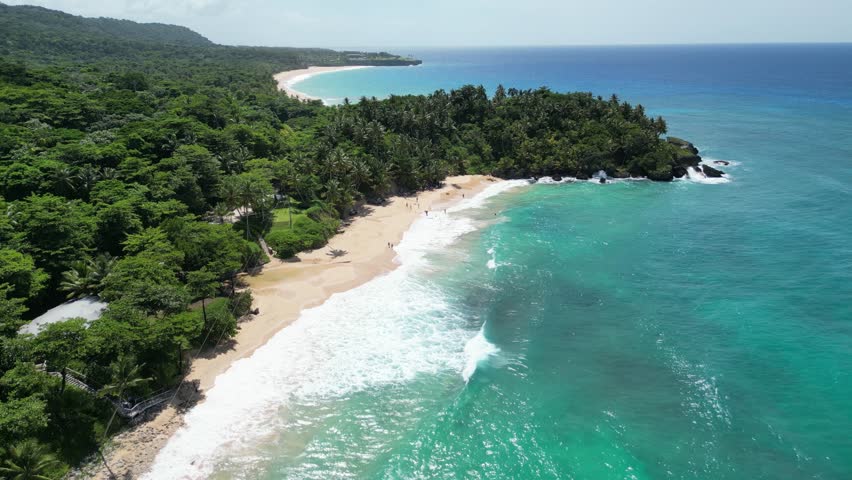 Aerial view of idyllic Playa Preciosa beach in Río San Juan on the north coast of the Dominican Republic with Playa Grande beach in the background