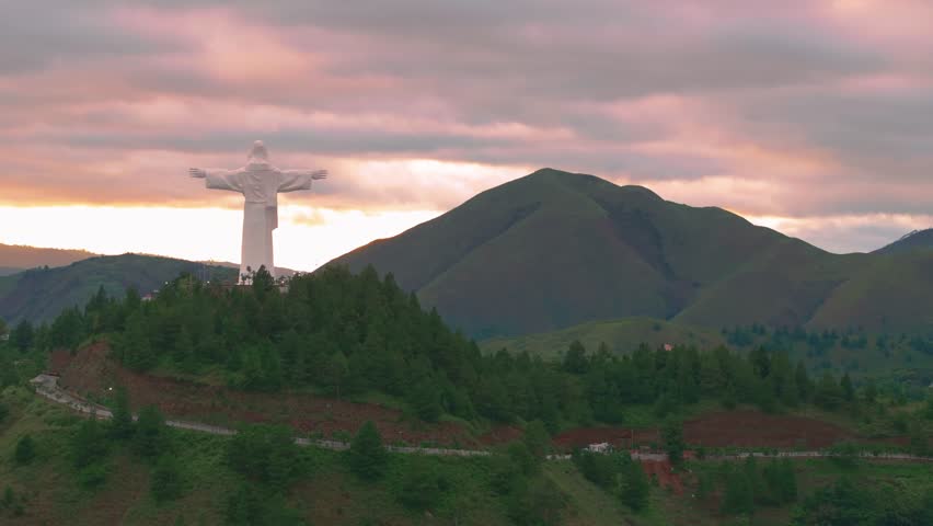 Aerial view of Jesus Christ on Sibeabea Hill in North Sumatra, overlooking Lake Toba