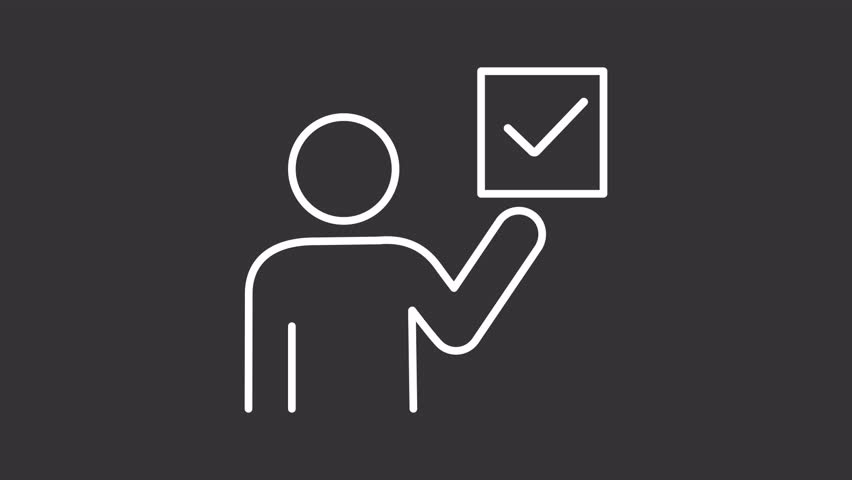 Approving gesture white line animation. Checkmark animated icon. Moving head, hand. Verification person. Isolated illustration on dark background. Transition alpha video. Motion graphic