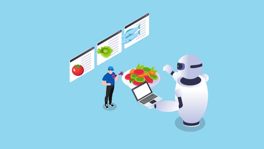 AI-Assisted Food Preparation with Robot and Delivery Worker in Futuristic Digital Setting 3d animation cartoon