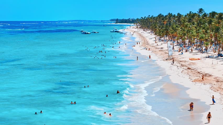 Dominican resort beach on a sunny day. Tropical beach nature in summer landscape with palm trees and calm sea for beach relaxation. Luxury tourist landscape, beautiful place to relax. Drone view.