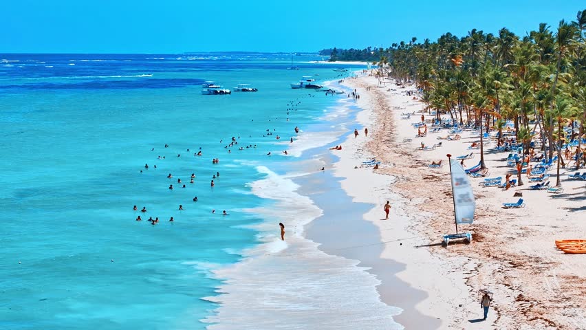 Dominican resort beach on a sunny day. Tropical beach nature in summer landscape with palm trees and calm sea for beach relaxation. Luxury tourist landscape, beautiful place to relax. Drone view.