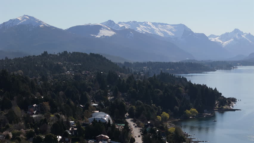 Aerial drone view over Bariloche, Lake Nahuel Huapi
