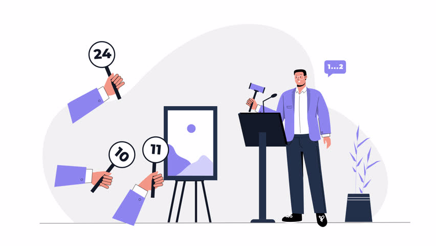 Flat scene animation depicting an auction process, where participants bid for items in a live auction setting, highlighting the excitement and competitive nature of auctions.