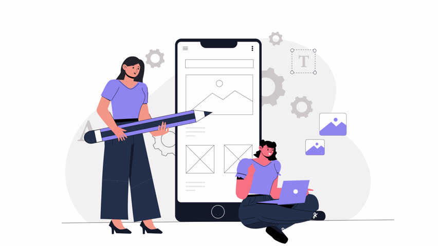 2D flat character scene animation showing the process of UIUX design, with characters involved in user research, wireframing, and prototyping to create user-friendly interfaces for apps or websites.