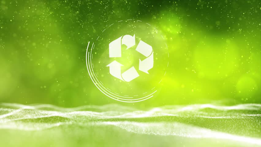 Nature sunny bokeh waves with recycle symbol rotation. Conceptual green clean environment copy space background. Seamless looping.