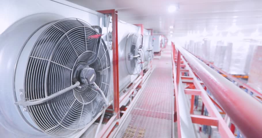 Frozen food and ice cream storage in a modern cold storage warehouse. Large multi-level low temperature warehouse, inside.