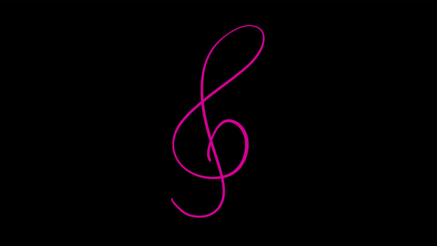 A pulsating pink treble clef turns into a music record and spins on a black screen. Musical doodle video transition for changing frames in 4K animation with a musical symbol.