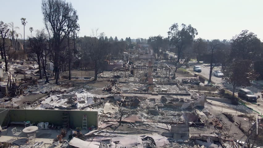Pacific Palisades Fire aftermath, drone shot of property damaged by fire