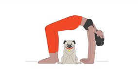 Yoga bridge pose with pug dog companion cartoon animation. Stretching exercise 4K video motion graphic. Black woman in sports bra, workout leggings animated 2D character isolated on white background - Powered by Shutterstock - Get 15% off with code: PIKWIZARD15