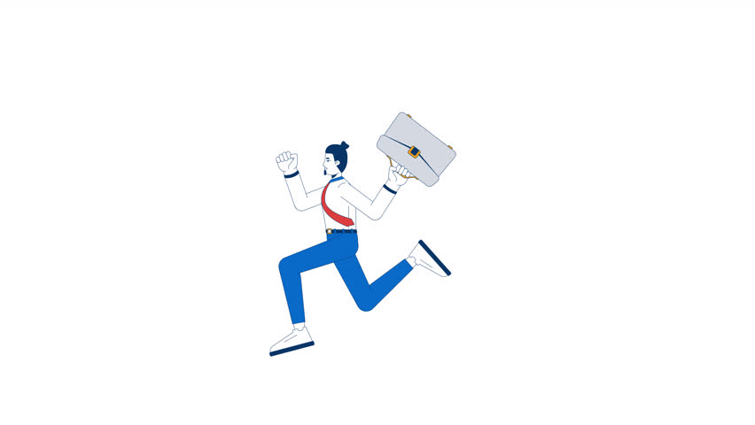 Cheerful businessman running with briefcase 2D character animation. Job seeker jumping hurry cartoon 4K video, alpha channel. Ambitious office worker caucasian man animated person on white background