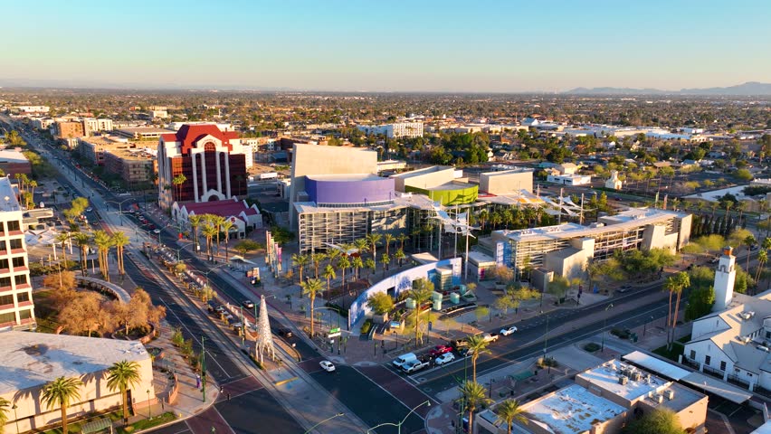 Mesa Arts Center aerial view at city center on Main Street and Center Street, Mesa, Arizona AZ, USA. 