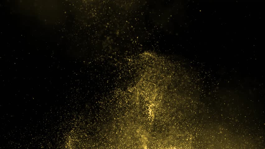 Golden glitter background in slow motion. Beautiful transition with real gold particles flying in wind on black background, shot with depth of field. Gold dust bokeh abstract background
