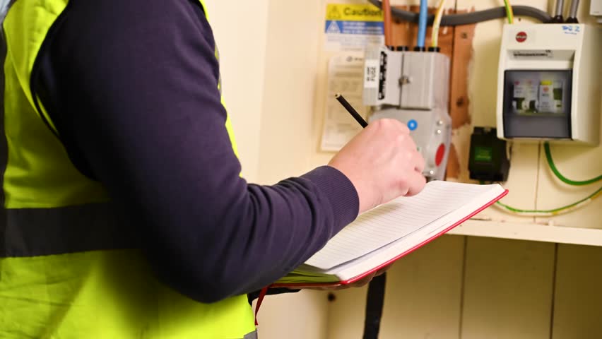 Gas meter in the house, a man worker takes notes from electricity meter counter. Increasing price for electricity bills 