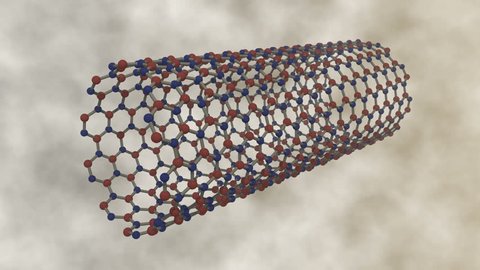 3d rendered animation of a rotating boron nitride nanotube on a cloudy background