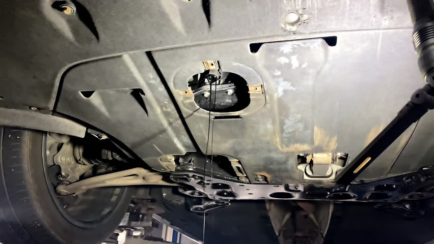 Draining old dirty engine oil,change from underneath car.routine maintenance check,wasted synthetic oil replacing into basin in auto repair shop,garage,vehicle service station