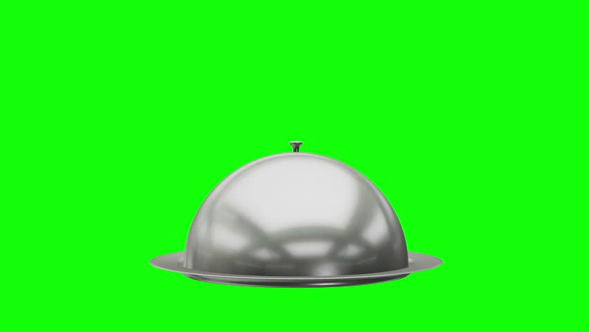 Restaurant cloche on plate open. Motion Animation. Video available in 4K FullHD and HD render footage on green. 3D Illustration