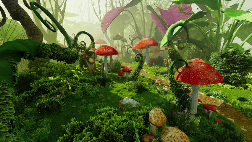 Mushrooms And Plants In The Magical Forest. Animation On The Theme Of Fairy Tales And Magic, Fantasy And 3D.