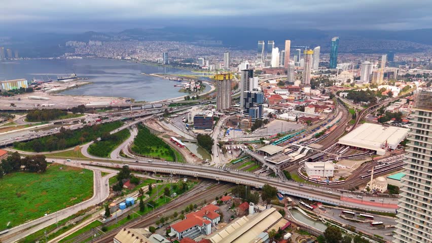 Izmir city center food market newly built skyscrapers halkapınar vicinity aerial shooting