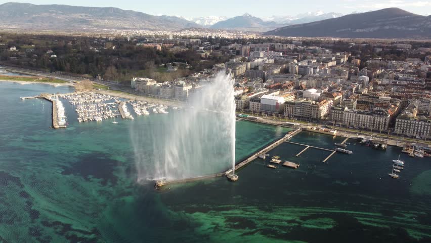 The large fountain on Lake Geneva in Switzerland in the city of Geneva drone footage