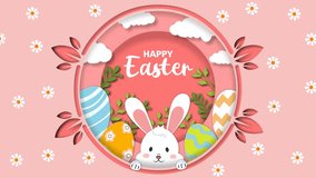Adorable Easter-themed animation in a paper cut style, showcasing a bunny peeking out amidst colorful Easter eggs, flowers, and clouds, framed by layered pink foliage. Perfect for festive greetings. - Powered by Shutterstock - Get 15% off with code: PIKWIZARD15