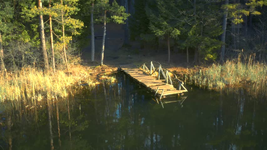 Forest lake footbridge, deep woods, blue water, sunrise, golden hour, aerial drone video