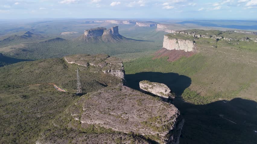 Aerial descend of Morro do Pai Inácio with sun shadows of mountains, Chapada Diamantina, Bahia