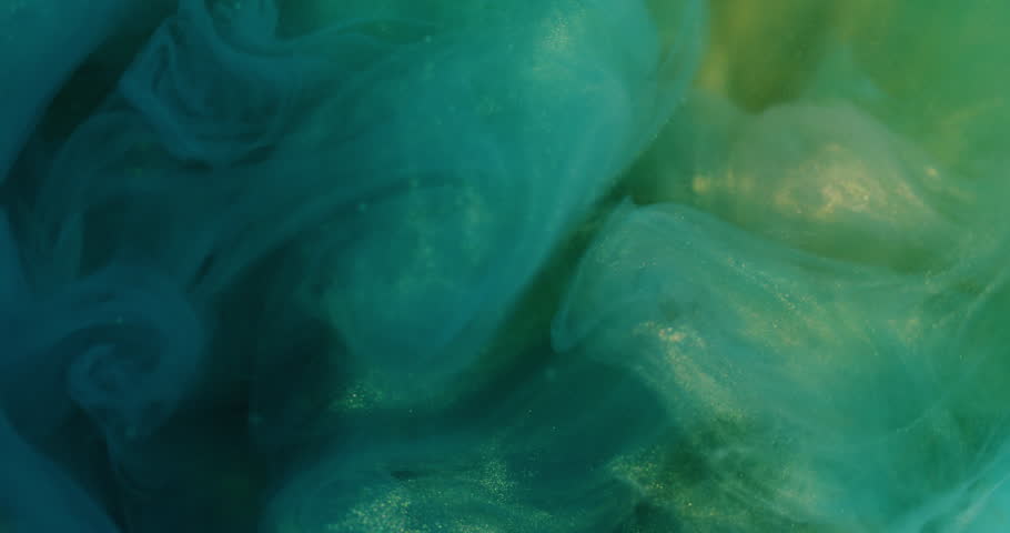 Glow sparkling cloud. Blur ink water. Magic mist shiny fluid green blue color particles texture paint vapor storm wave on light abstract background.