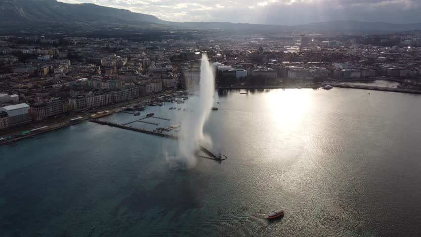 The large fountain on Lake Geneva in Switzerland in the city of Geneva drone footage