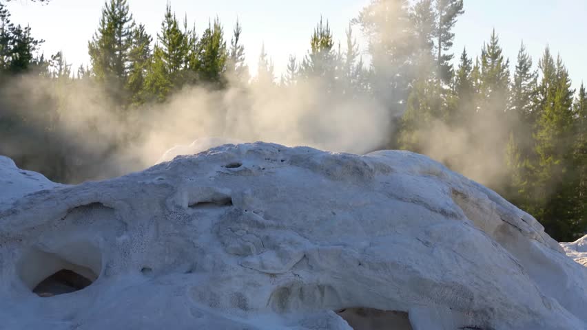 Panning right shot of Grotto Geyser in Yellowstone National Park.