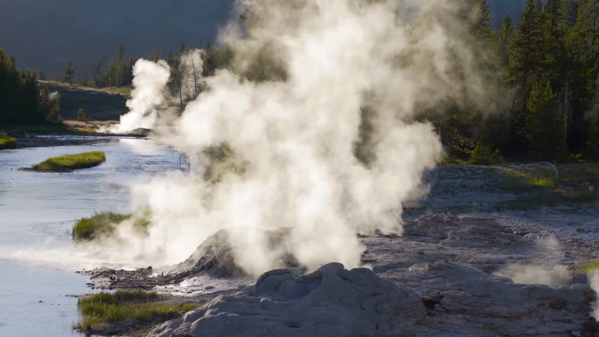 Footage of Steam rising up out of the ground at Yellowstone.