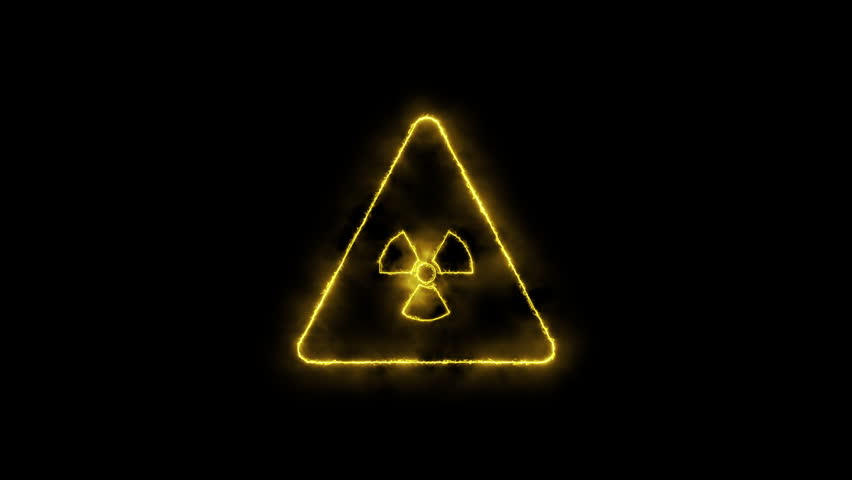 Nuclear symbol icon HUD. Electric Neon light radiation hazard sign glowing fire on black tech background, Sci Fi user interface 2D technology animation