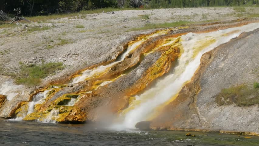 Close-up view of water flowing from Midway Geyser Basin in Firehole River.