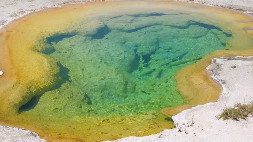 View of Morning Glory Pool, a round-shaped, vivid orange, blue, and green hot spring. Yellowstone National Park, Wyoming, USA.