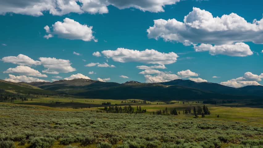 Time Lapse footage of White clouds passing over plains of Yellowstone National Park, USA.